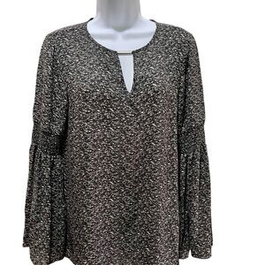 Michael Kors Black and White Blouse Bell Sleeve Front and Back Key Hole